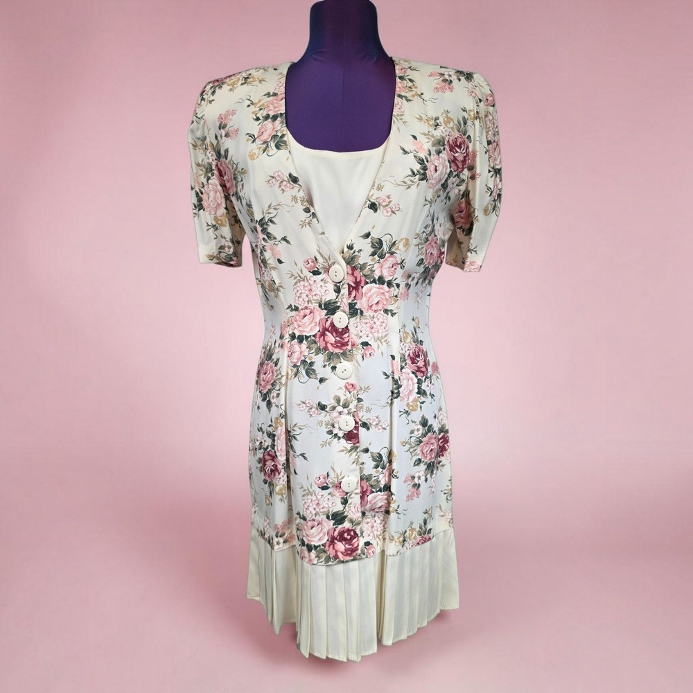 Baer Too Floral Drop Waist Pleated Dress Pink Cream Size 7 Made in USA Vintage